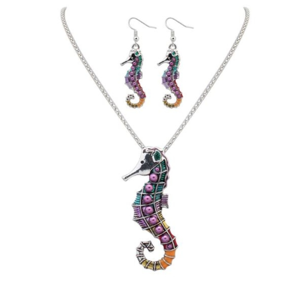 Stunning Seahorse Necklace Earring Jewelry Set 3PC
